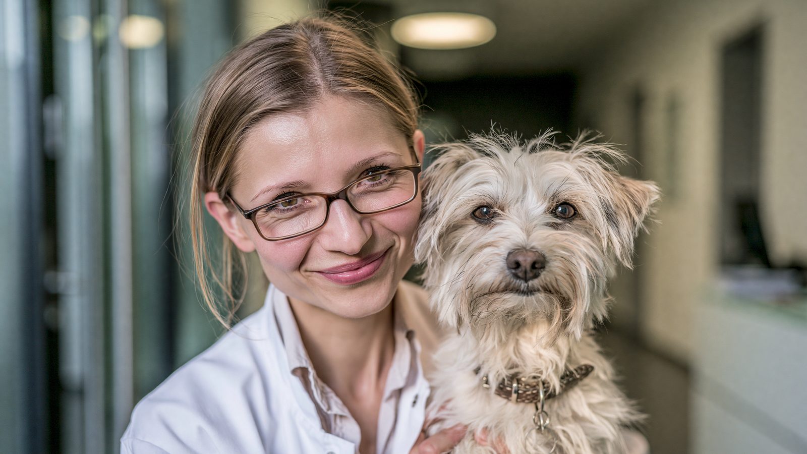 Tierärztin mit Hund auf dem Arm in der Ordination