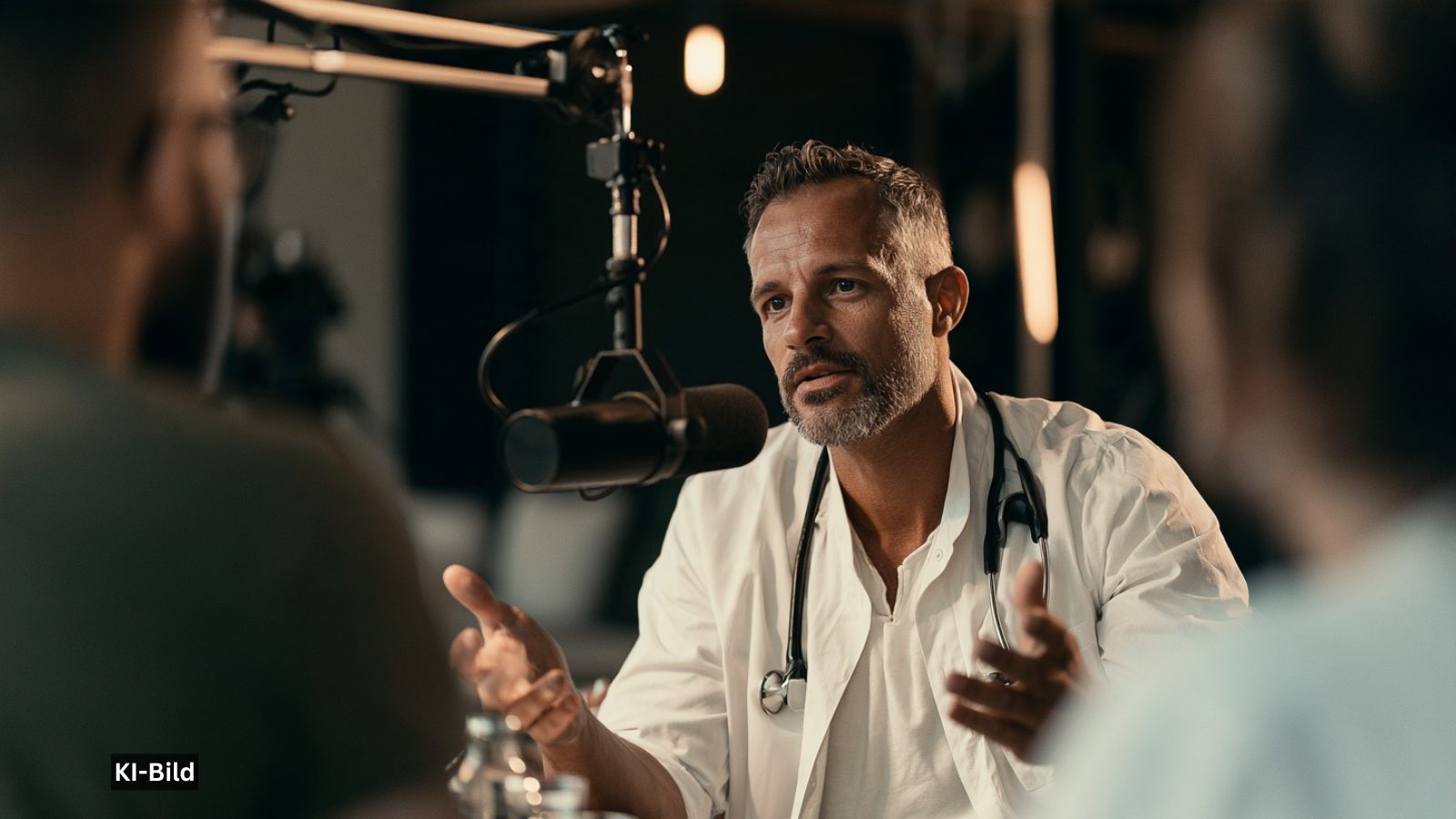 Arzt im weißen Kittel mit Stethoskop spricht bei einer Videopodcast-Aufnahme vor einem Mikrofon
